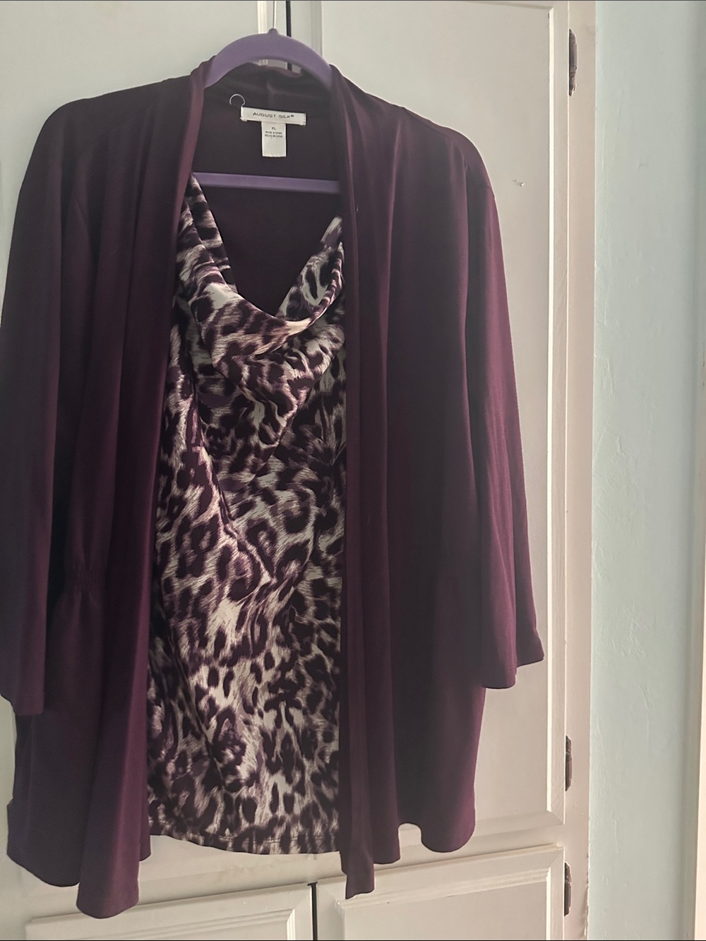 august silk Plum Open-Front Cardigan with Plum Animal-Print Cowl Tank